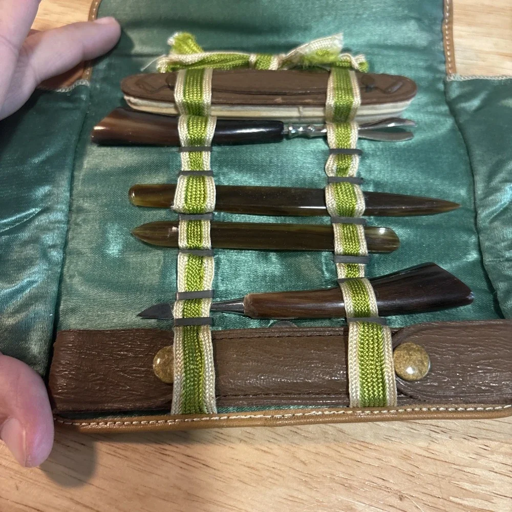 VTG Antique Celluloid Tortoiseshell Manicure Set, Green Satin Roll-Up Leather